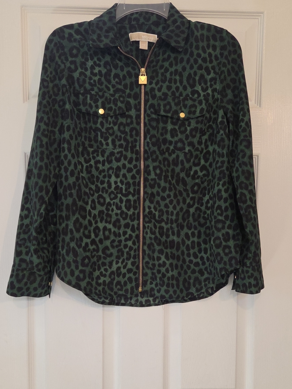 MICHAEL Michael Kors Leopard-Print Zip Front Shirt Beautiful Bold Green